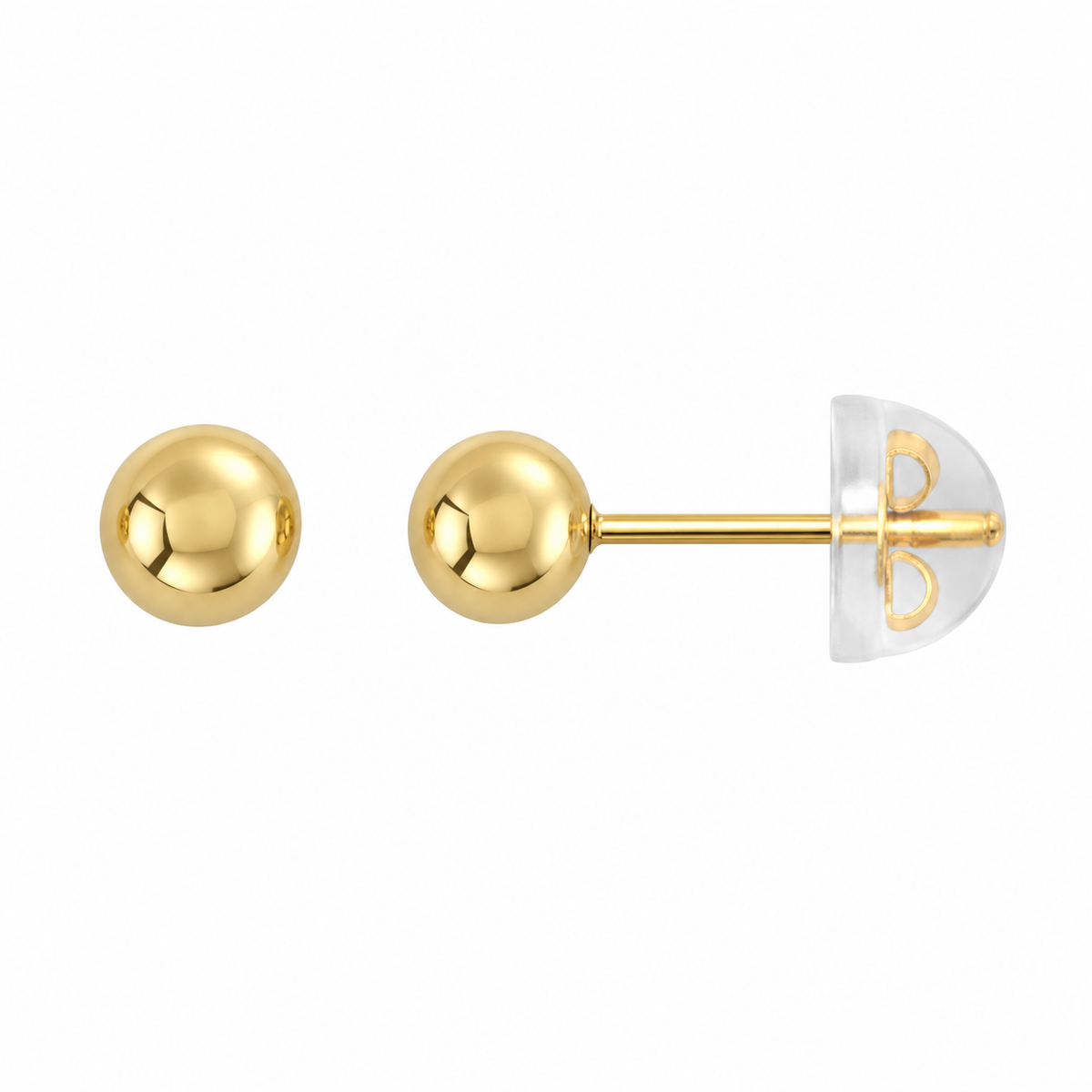 9ct gold plain ball stud earring from the side with its silicone back