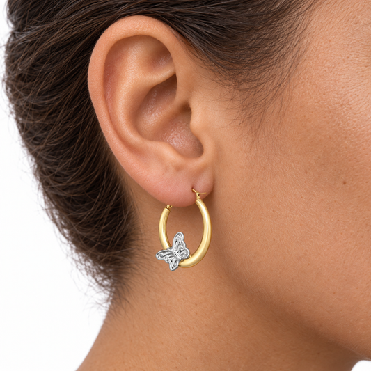 9ct Gold Butterfly Creole Earrings, front view
