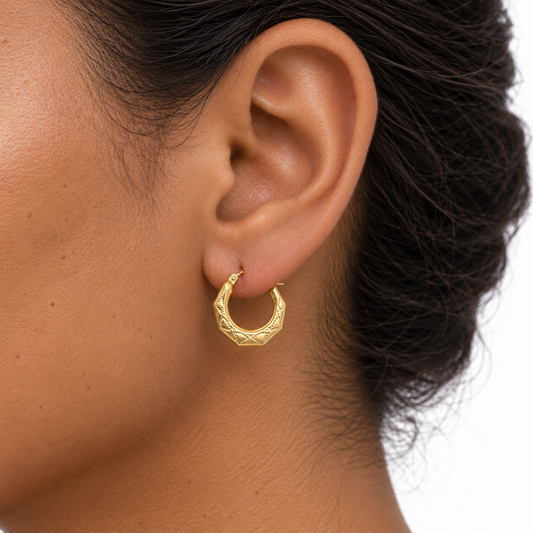 9ct Gold Engraved Creole Earrings, front view