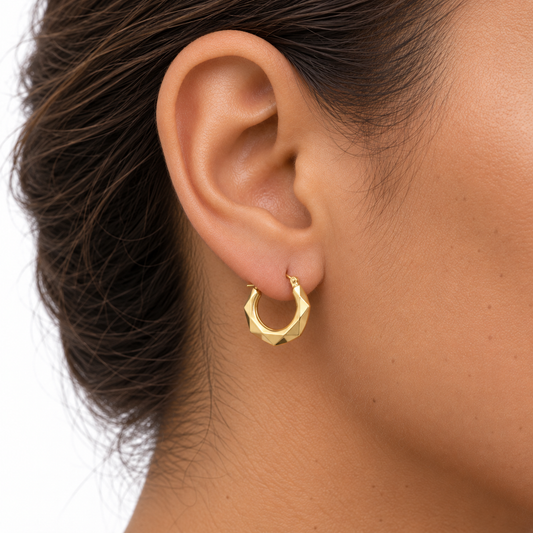 9ct Gold Faceted Creole Earrings, front view