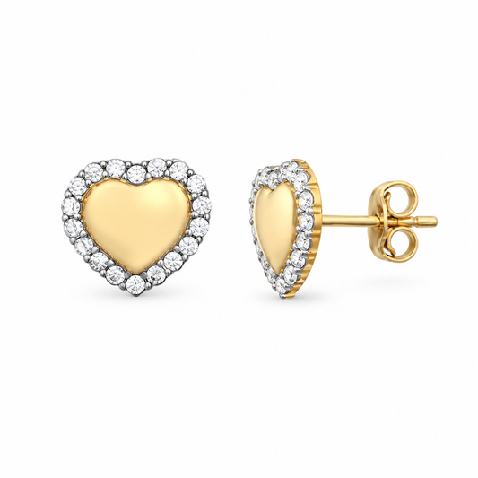 9ct Yellow Gold Cubic Zirconia Heart Stud Earrings, front view