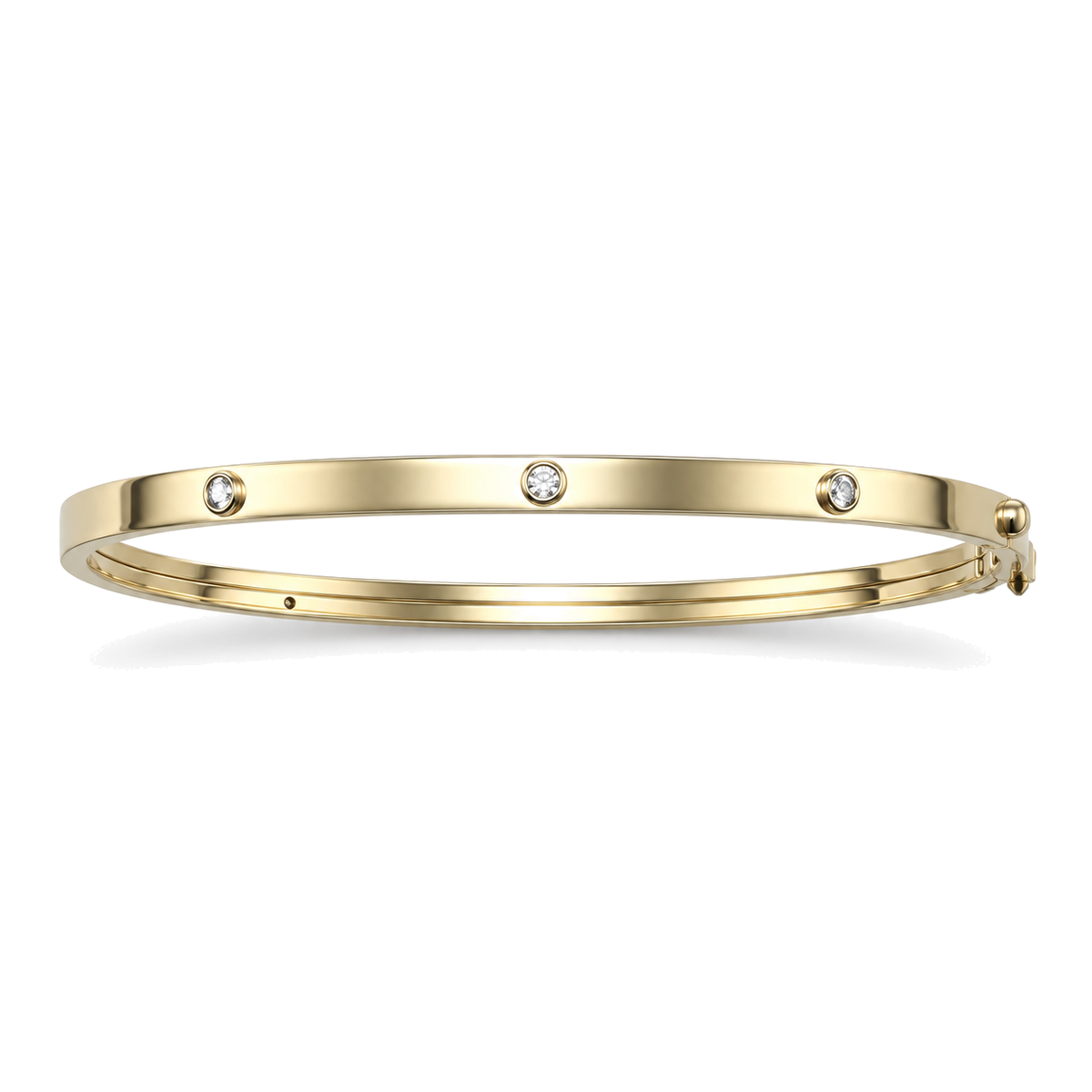 9ct gold CZ hinged children's bangle, showing the hinge and clasp