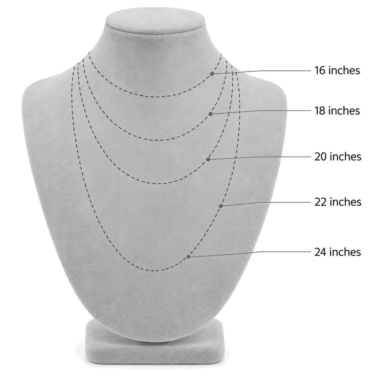 Chain length guide, 16 to 24 inches shown on a neck