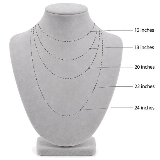Chain length guide, 16 to 24 inches shown on a neck