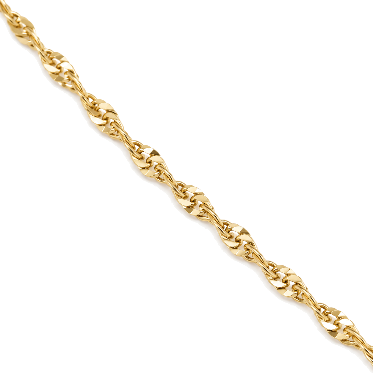 Close detail of the twisted faceted links on a 9ct gold Singapore chain