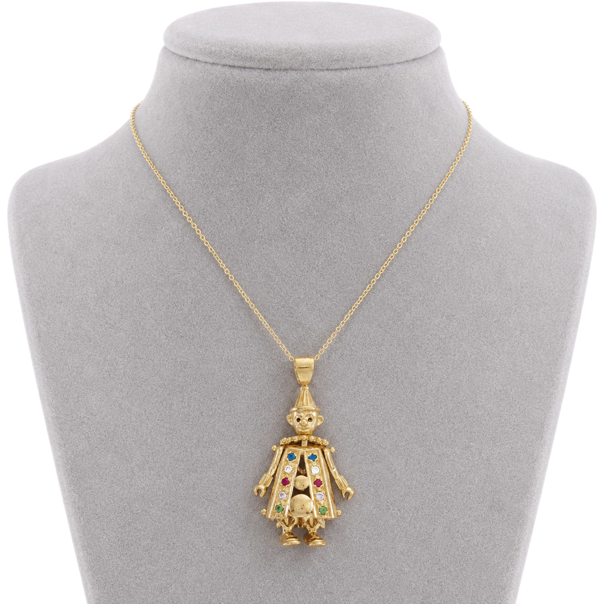 9ct gold movable clown pendant worn on a chain on a bust form