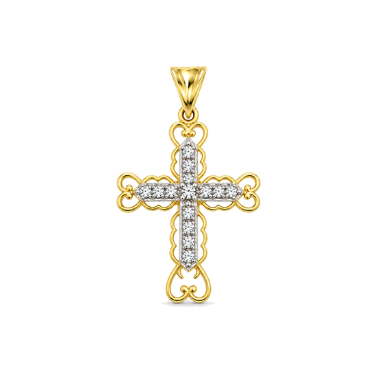 9ct gold CZ filigree cross pendant, the 46mm size