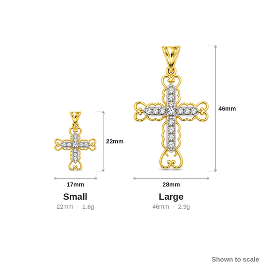 9ct gold CZ filigree cross pendant, the small and large sizes shown to scale with their measurements