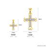 9ct gold CZ filigree cross pendant, the small and large sizes shown to scale with their measurements