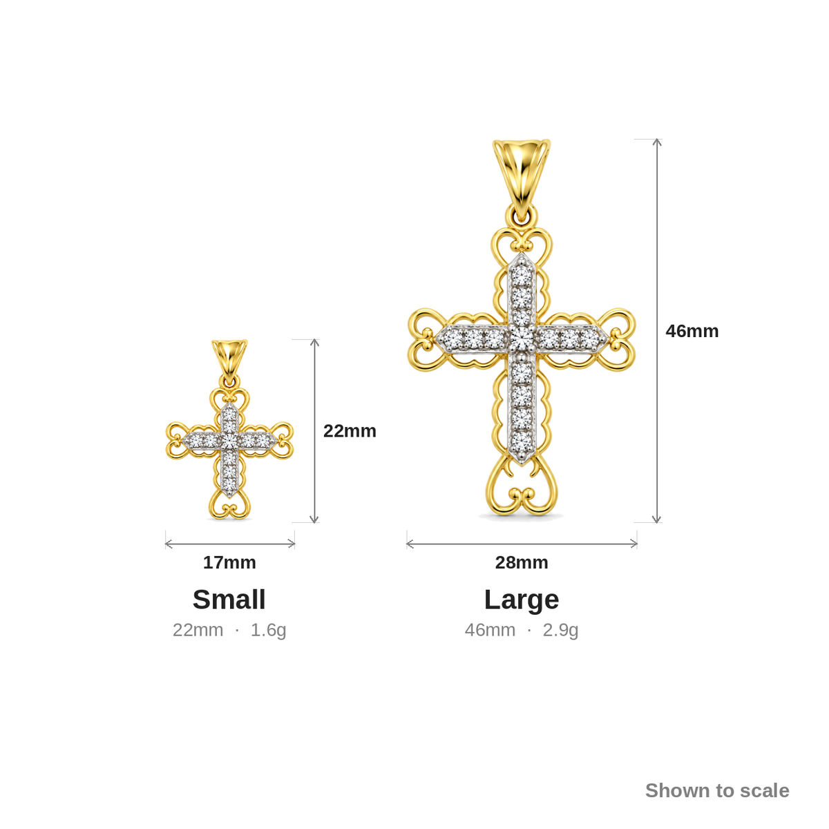 9ct gold CZ filigree cross pendant, the small and large sizes shown to scale with their measurements