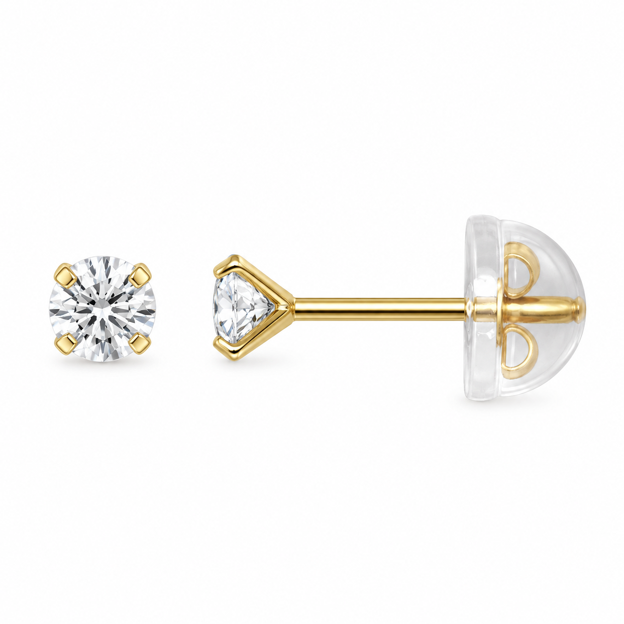 9ct gold 3mm CZ stud earring from the side with its silicone back