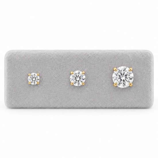 9ct gold CZ stud earrings, 3mm 5mm and 7mm side by side for size