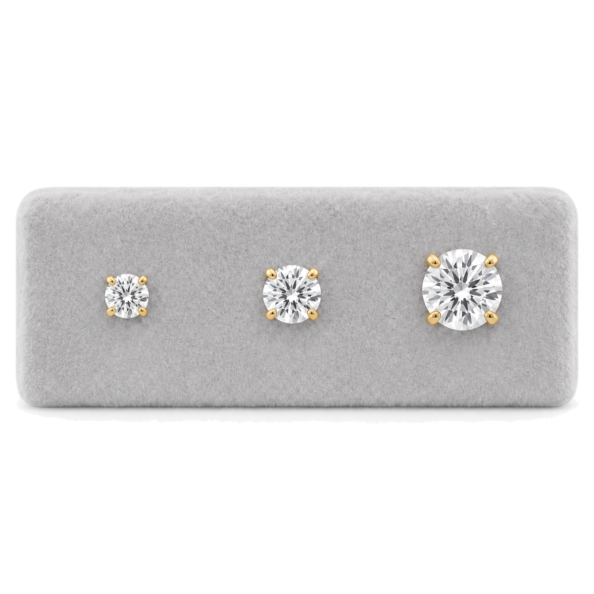 9ct gold CZ stud earrings, 3mm 5mm and 7mm side by side for size