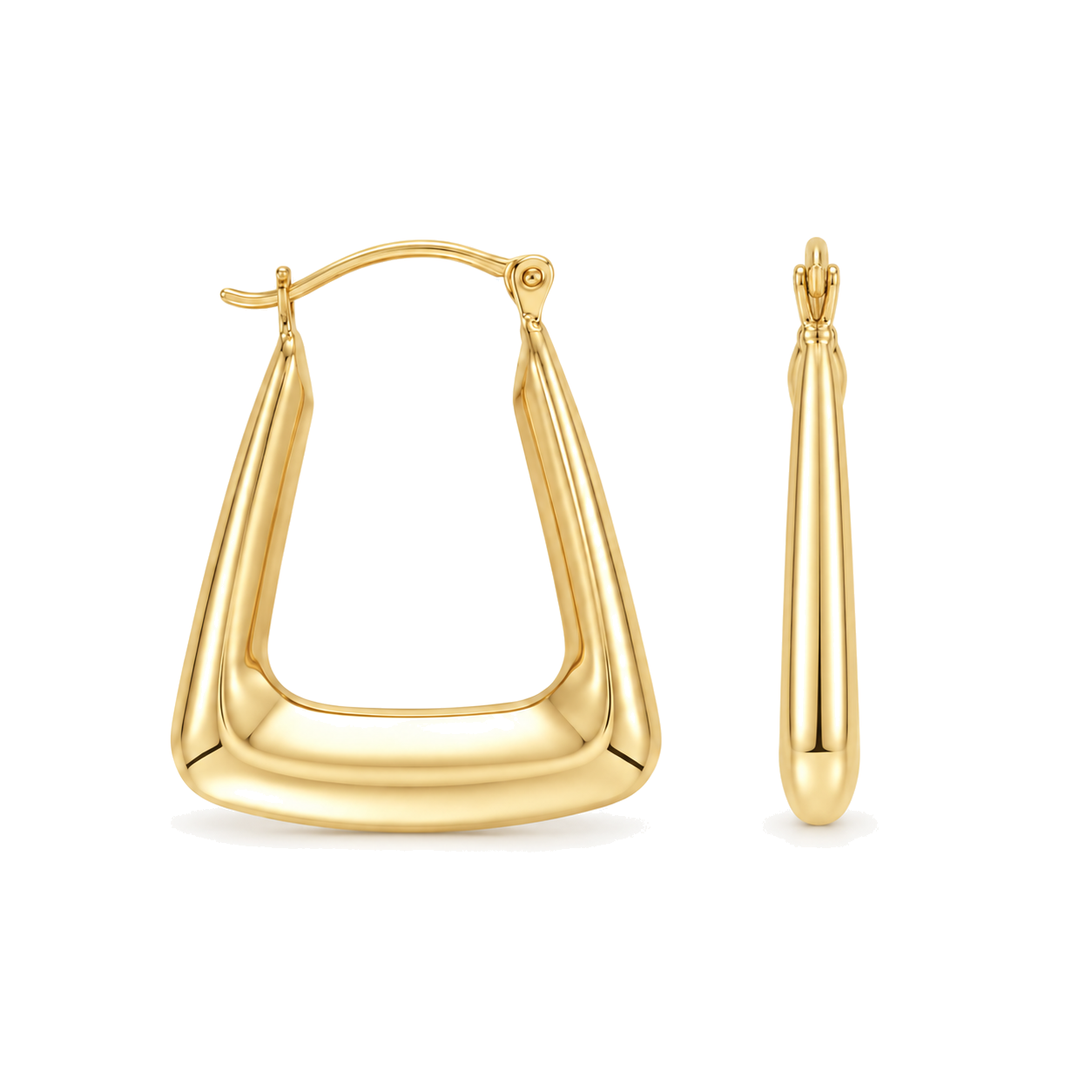 9ct gold handbag creole earring from the front and the side, showing the hinged fastening and the rounded profile