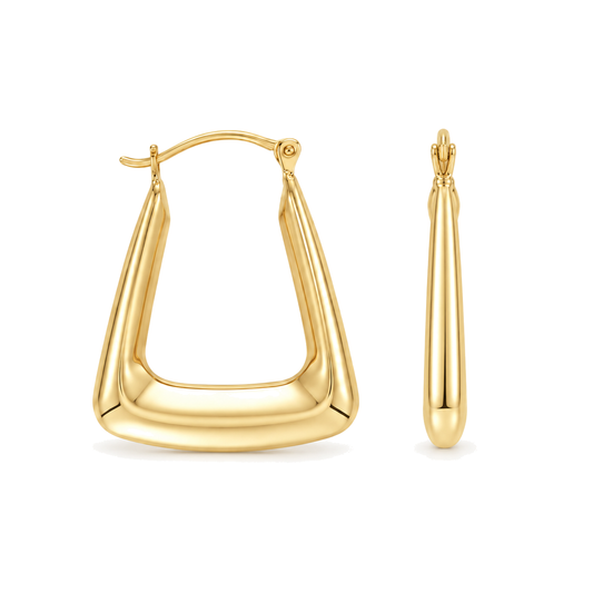 9ct gold handbag creole earring from the front and the side, showing the hinged fastening and the rounded profile