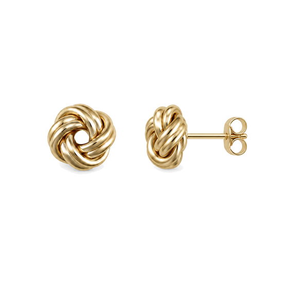 9ct gold double knot stud earring from the front and the side, showing the post and butterfly