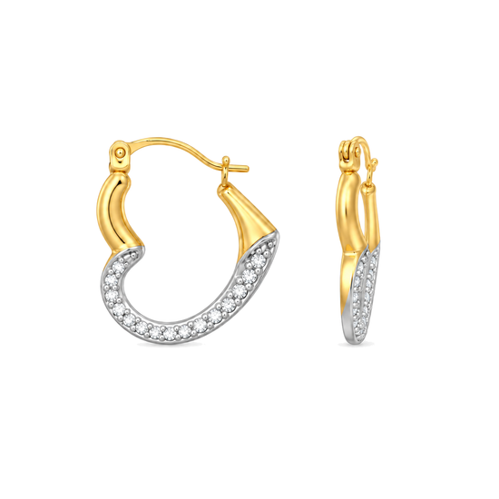 9ct two-tone gold CZ heart creole earring from the front and the side, showing the hinged fastening