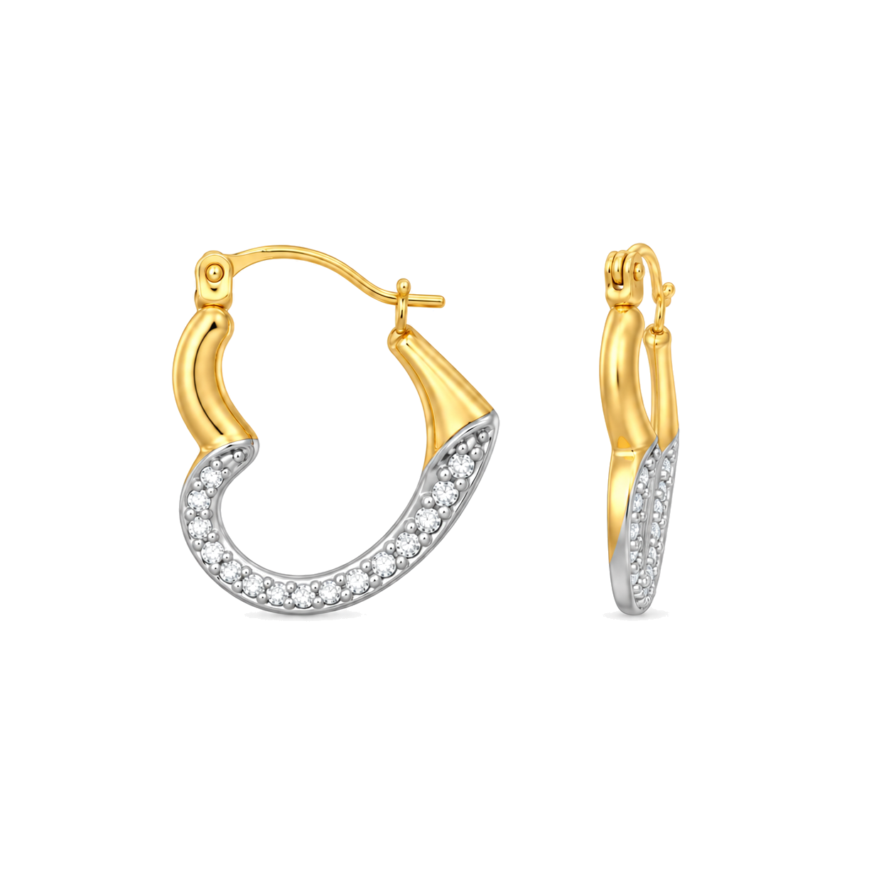 9ct two-tone gold CZ heart creole earring from the front and the side, showing the hinged fastening