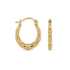 9ct gold bamboo creole earring from the front and the side, showing the faceted tube, the raised bands and the hinged fastening
