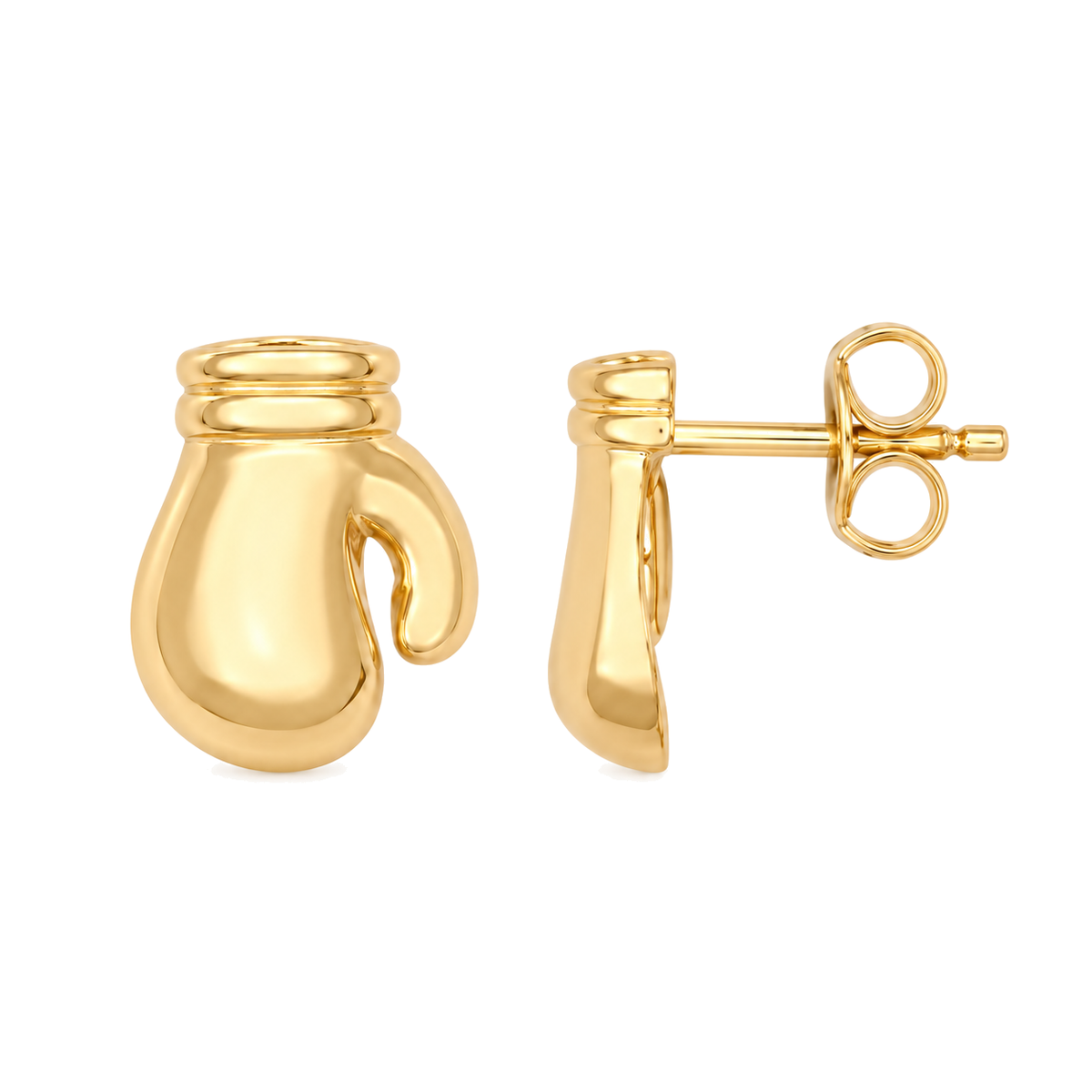 9ct gold boxing glove stud earring from the front and the side, showing the post and butterfly