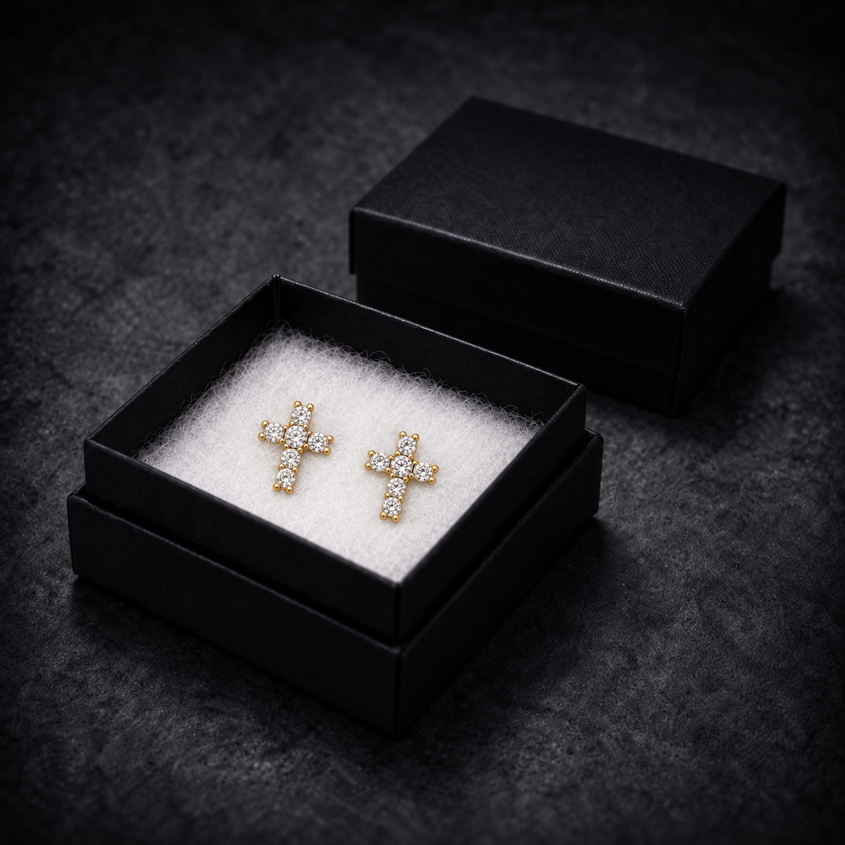 9ct gold CZ cross stud earrings in their gift box