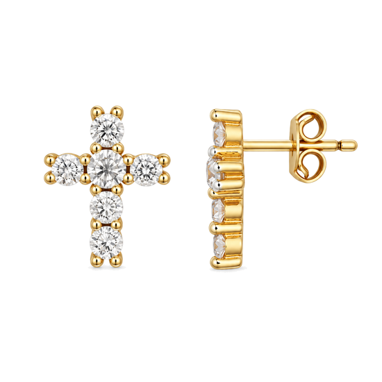 9ct gold CZ cross stud earring from the front and the side, showing the claw settings, the depth of the stones and the post and butterfly