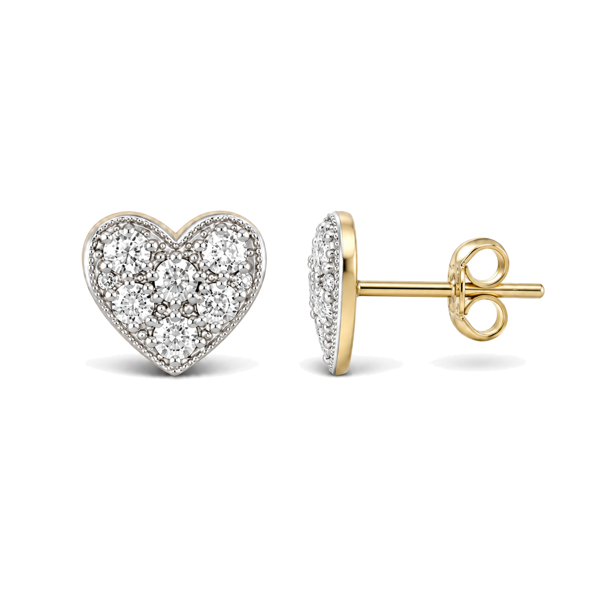 9ct gold CZ cluster heart stud earring from the front and the side, showing the post and butterfly