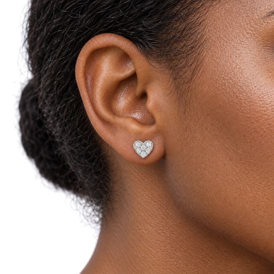 9ct gold CZ cluster heart stud earring worn in the ear