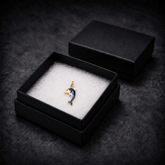 9ct gold blue enamelled dolphin charm pendant in its gift box