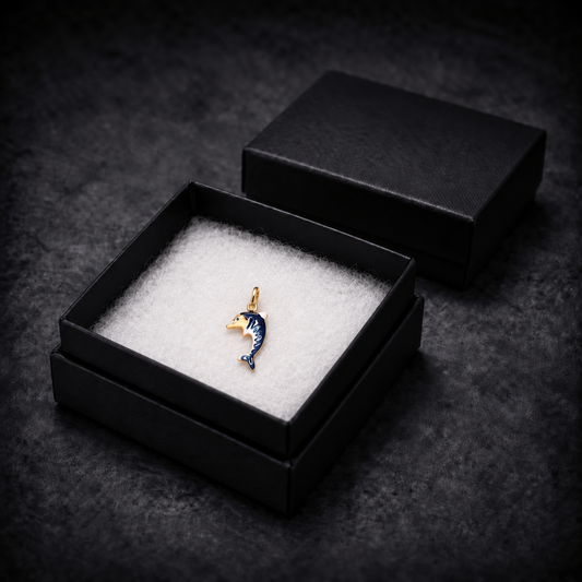 9ct gold blue enamelled dolphin charm pendant in its gift box