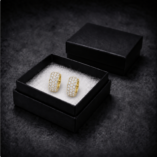9ct gold three row CZ huggie earrings in their gift box
