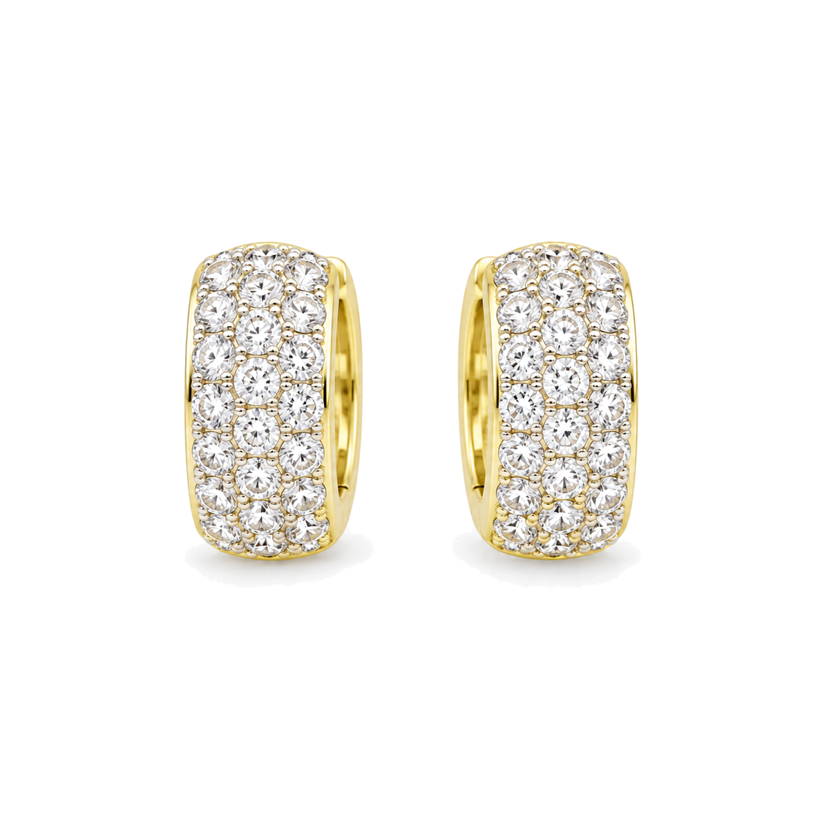 9ct gold three row CZ huggie earrings, the pair