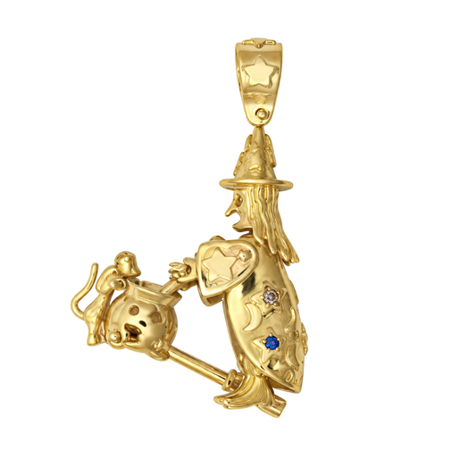 9ct Gold Movable Witch Pendant, front view