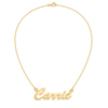 9ct gold personalised script name plate on its chain, reading Carrie