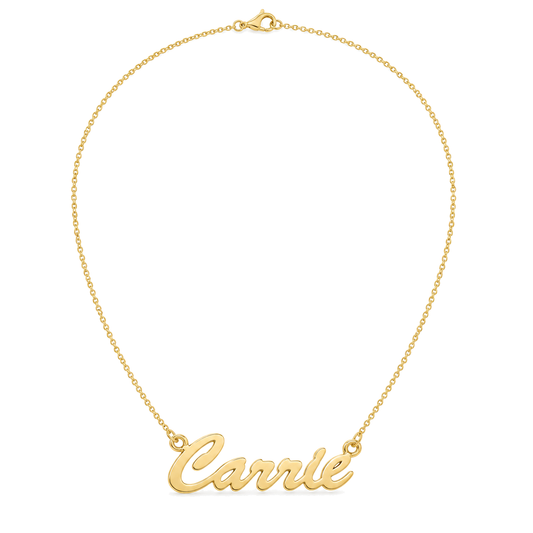 9ct gold personalised script name plate on its chain, reading Carrie