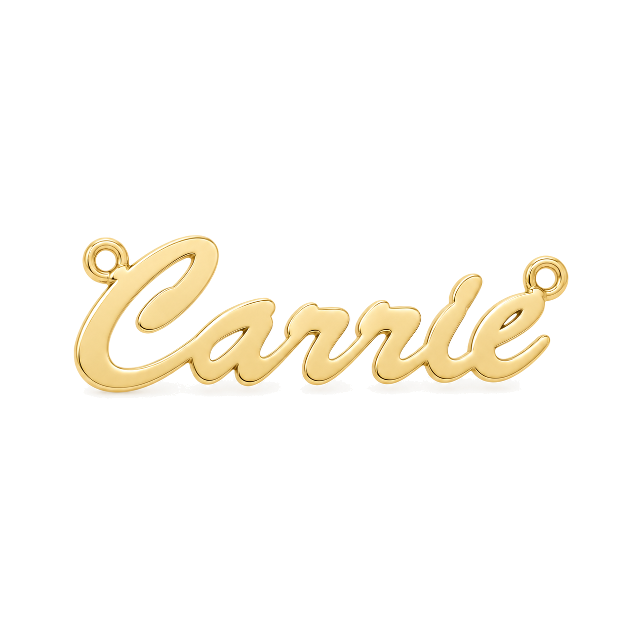 9ct gold 10mm script name plate on its own, showing the fixed loop at each end