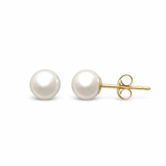 9ct gold pearl stud earrings, the pair and a side view of the fitting