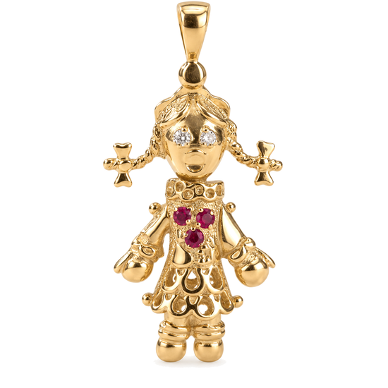 9ct gold movable ragdoll pendant set with red and white stones