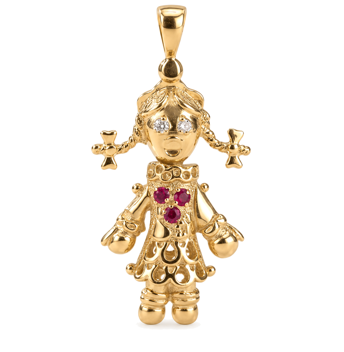 9ct gold movable ragdoll pendant set with red and white stones