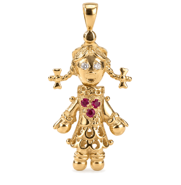 9ct gold movable ragdoll pendant set with red and white stones