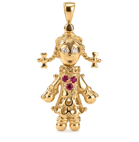 9ct gold movable ragdoll pendant set with red and white stones