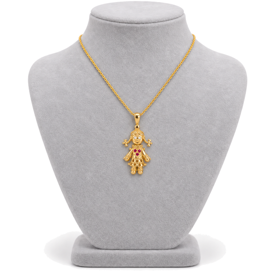 9ct gold movable ragdoll pendant worn on a chain on a bust form