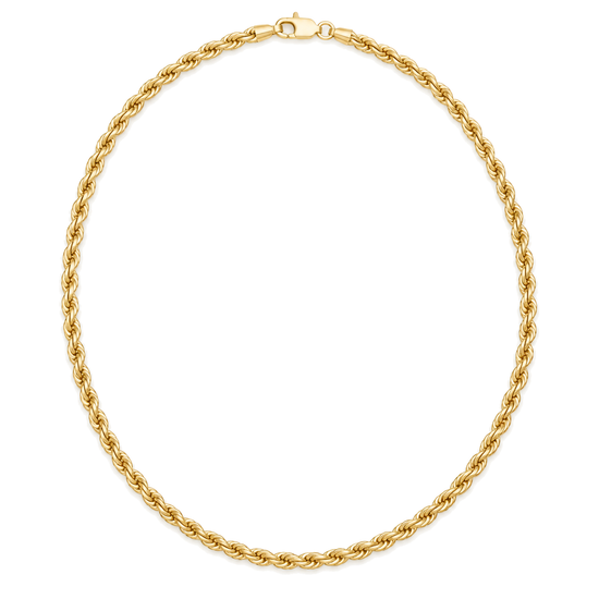 9ct gold 3mm rope chain laid in a full circle with its clasp