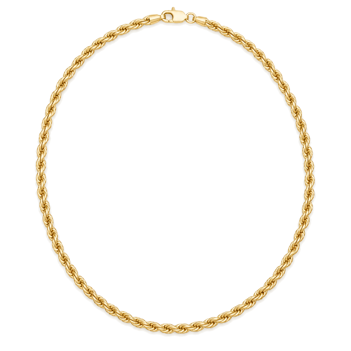 9ct gold 3mm rope chain laid in a full circle with its clasp