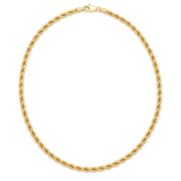 9ct gold 3mm rope chain laid in a full circle with its clasp