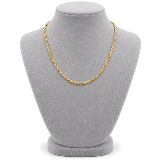 9ct gold 3mm rope chain worn on a bust form