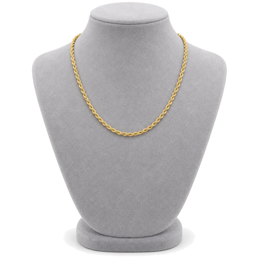 9ct gold 3mm rope chain worn on a bust form