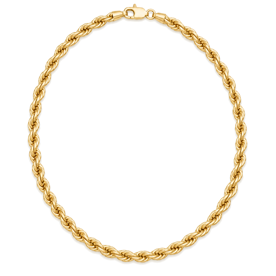 9ct gold 4mm rope chain laid in a full circle with its clasp