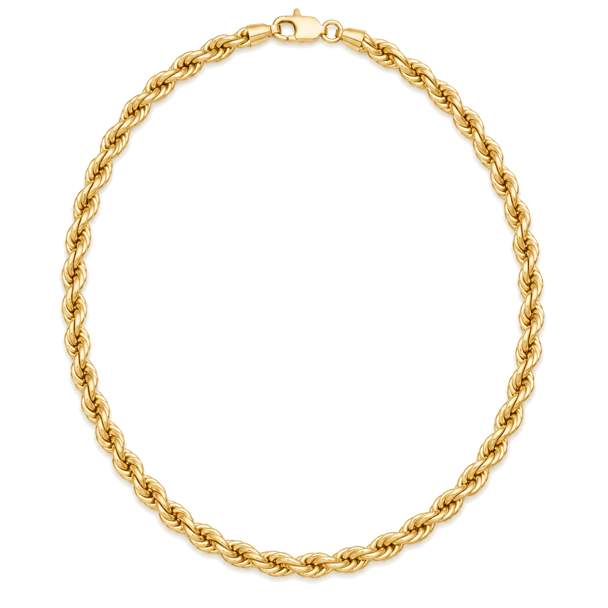 9ct gold 4mm rope chain laid in a full circle with its clasp