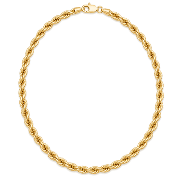 9ct gold 4mm rope chain laid in a full circle with its clasp